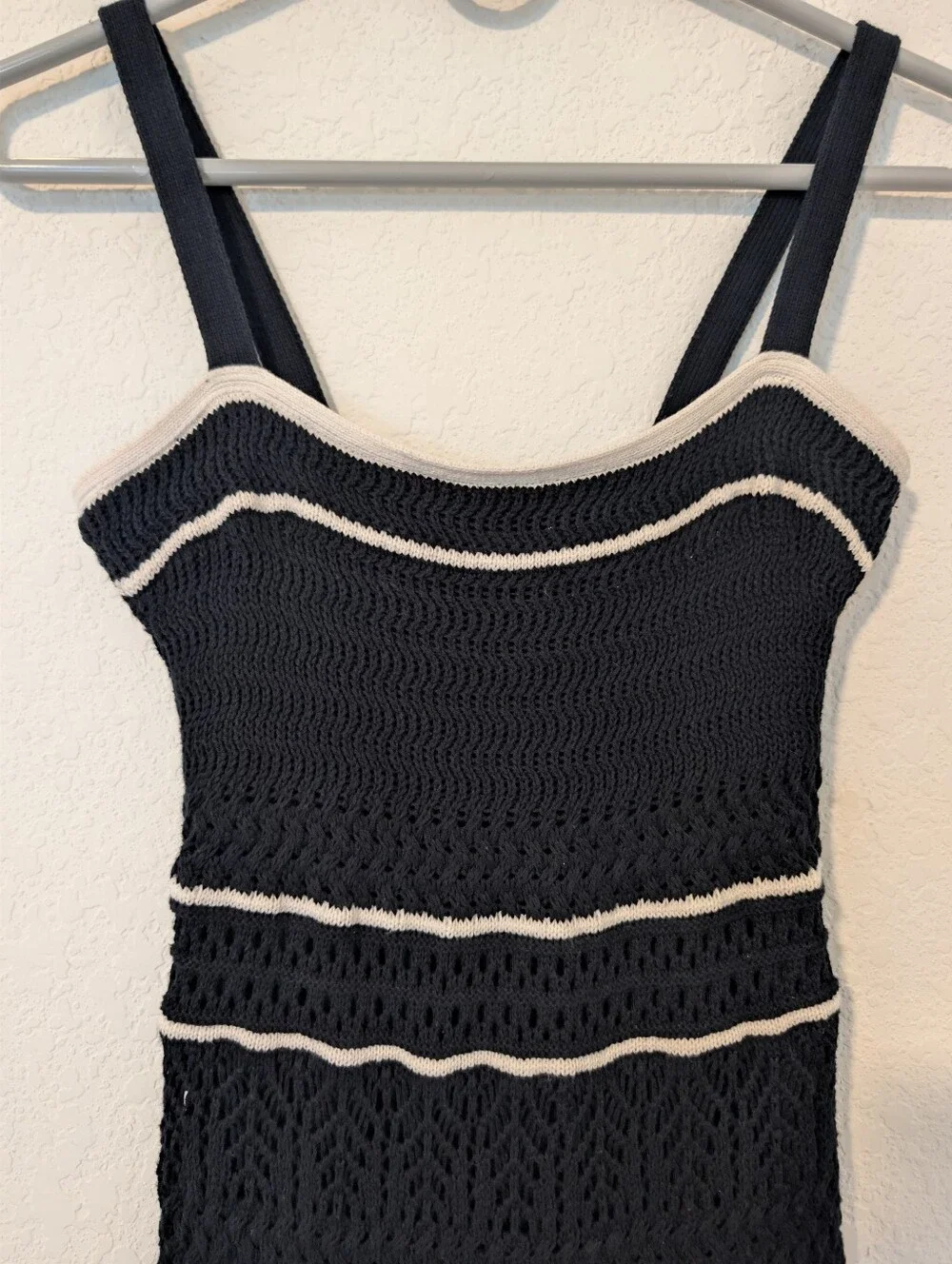 Abercrombie & Fitch Black Stripe Crochet Knit Cotton Square Neck Maxi Tank Dress